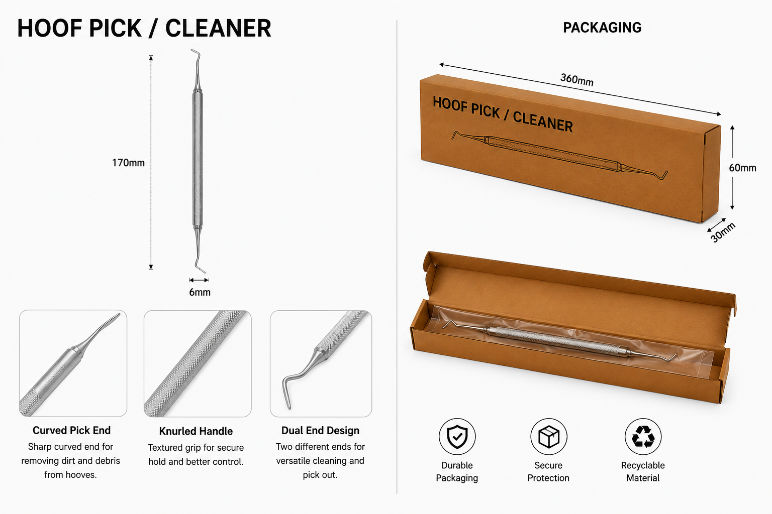 Professional Dual-End Hoof Pick & Cleaner – 170mm Durable Steel Grooming Tool