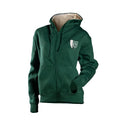 Male and female models wearing the dark green Unito Sportswear crescent zip-up hoodie with cream hood lining.