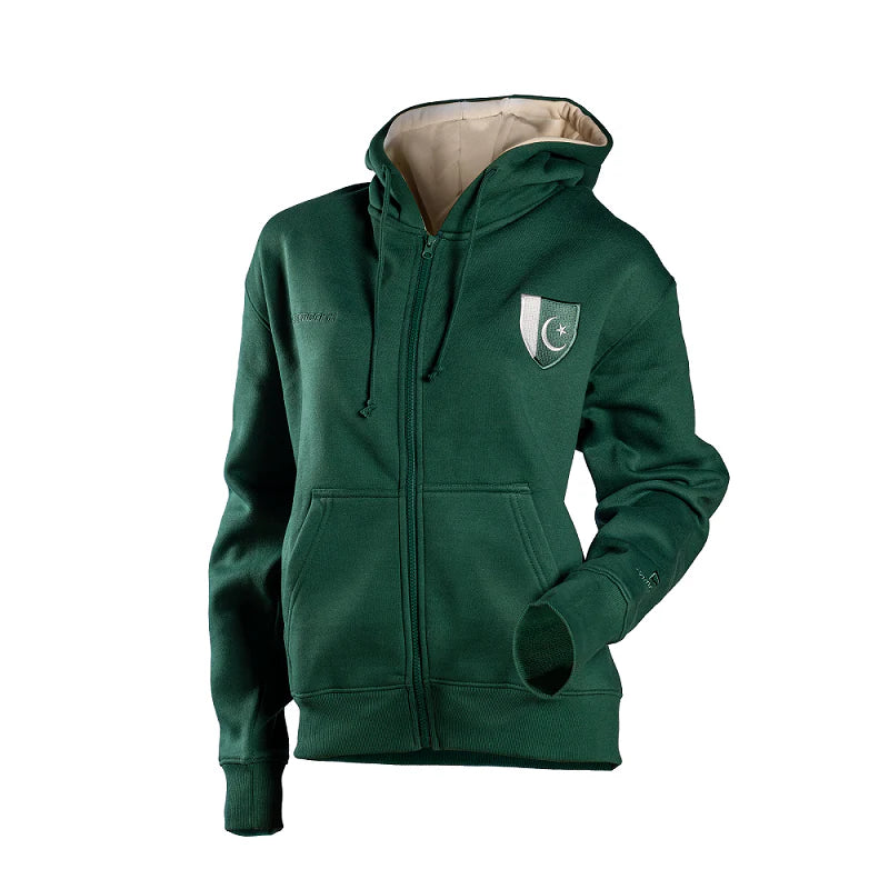 Male and female models wearing the dark green Unito Sportswear crescent zip-up hoodie with cream hood lining.